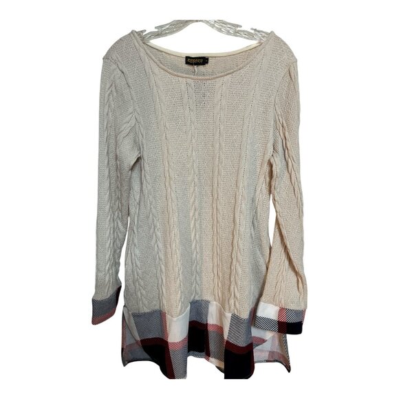 Reborn Women’s S Winter White Cable Knit Sweater Tunic – Plaid Trim Hem – Size S - Picture 2 of 6